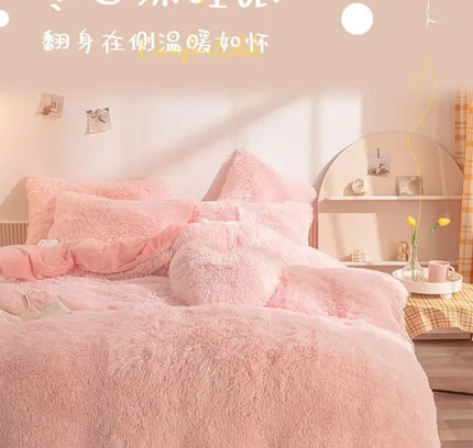 Luxury Autumn Winter Warm Pink Bedding Set Plush Kawaii Mink Velvet Queen Duvet Cover Set with Sheets Single Double Bedding Sets