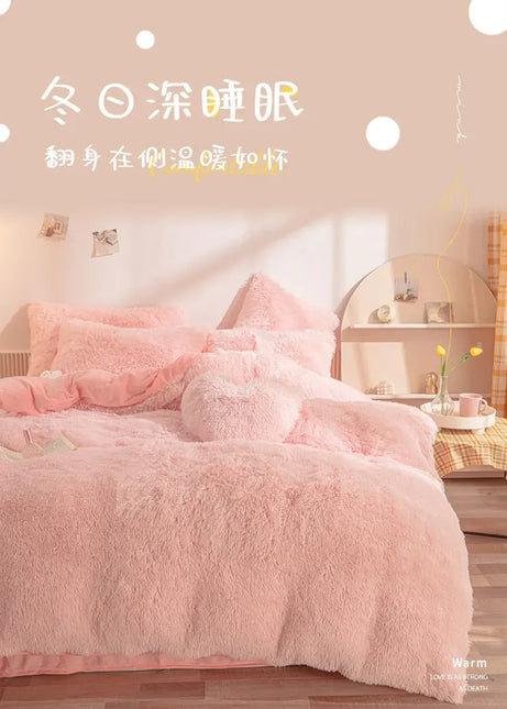 Luxury Autumn Winter Warm Pink Bedding Set Plush Kawaii Mink Velvet Queen Duvet Cover Set with Sheets Single Double Bedding Sets