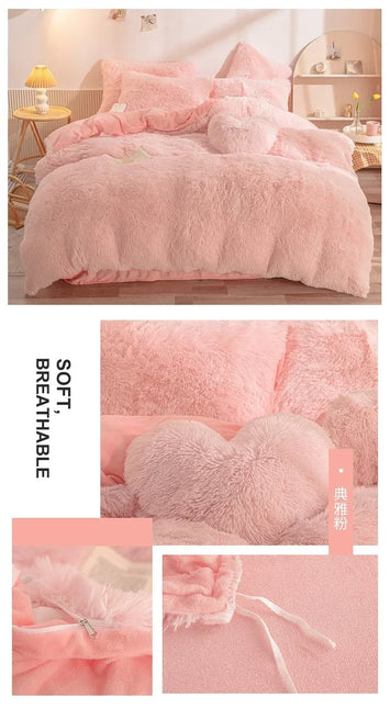 Luxury Autumn Winter Warm Pink Bedding Set Plush Kawaii Mink Velvet Queen Duvet Cover Set with Sheets Single Double Bedding Sets