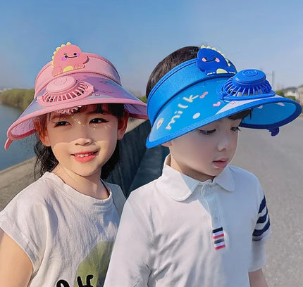 Summer Children's Sunshade Hat with Fan - Cartoon Dinosaur Design