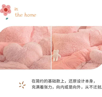 Luxury Autumn Winter Warm Pink Bedding Set Plush Kawaii Mink Velvet Queen Duvet Cover Set with Sheets Single Double Bedding Sets